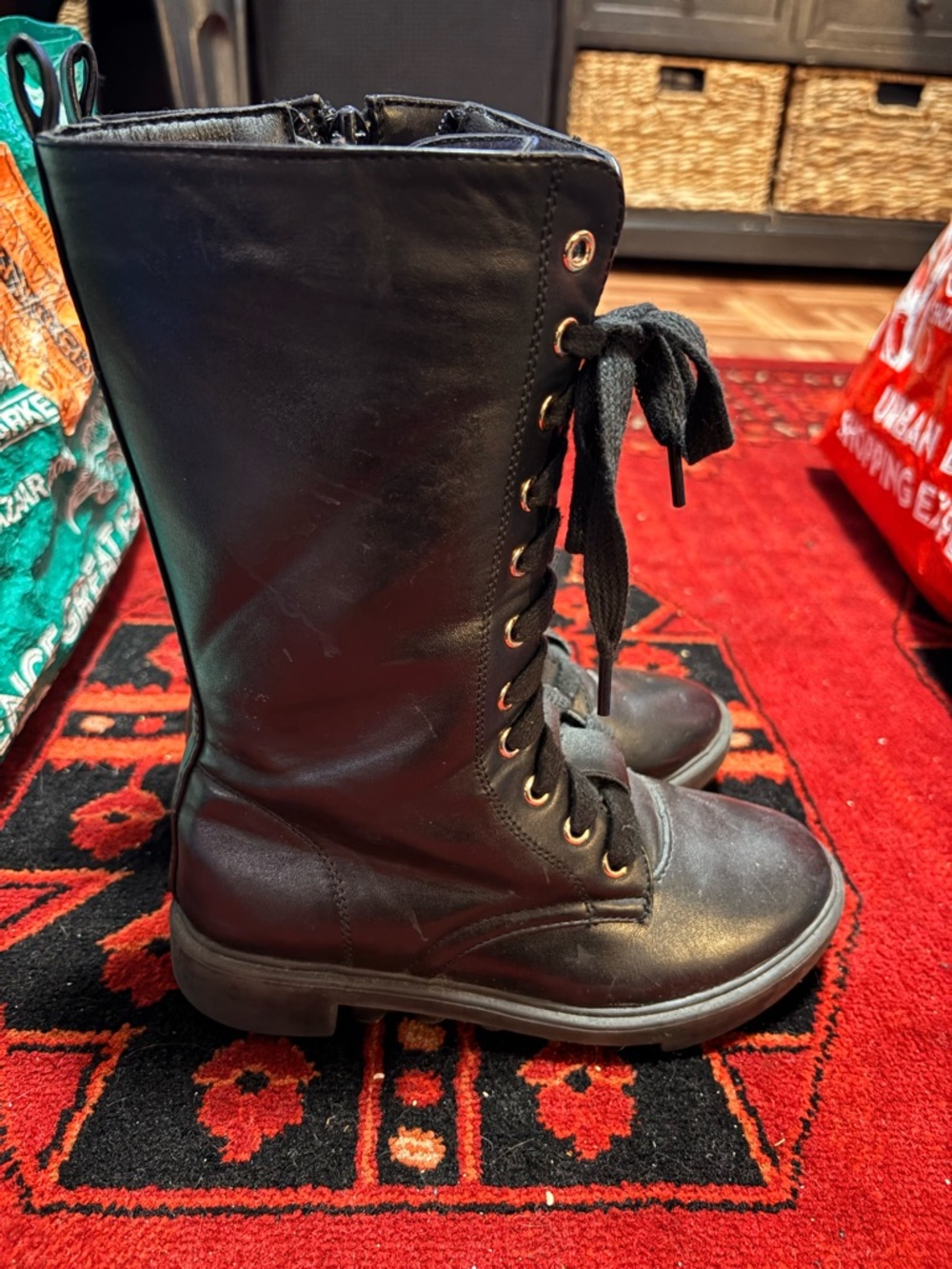 Kids Black Lace-Up Mid-Calf Boots with Side Zipper, Little Kids Size 1.5